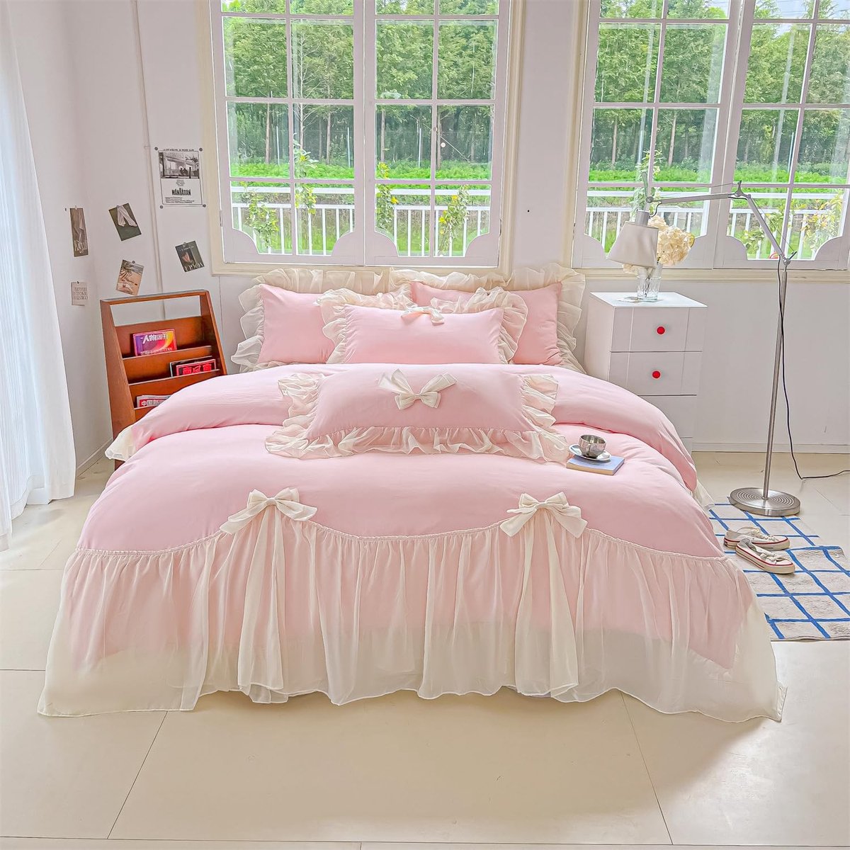 Omgoods - Meisjes Duvet Cover Set met Kant en Strik, Queen Size