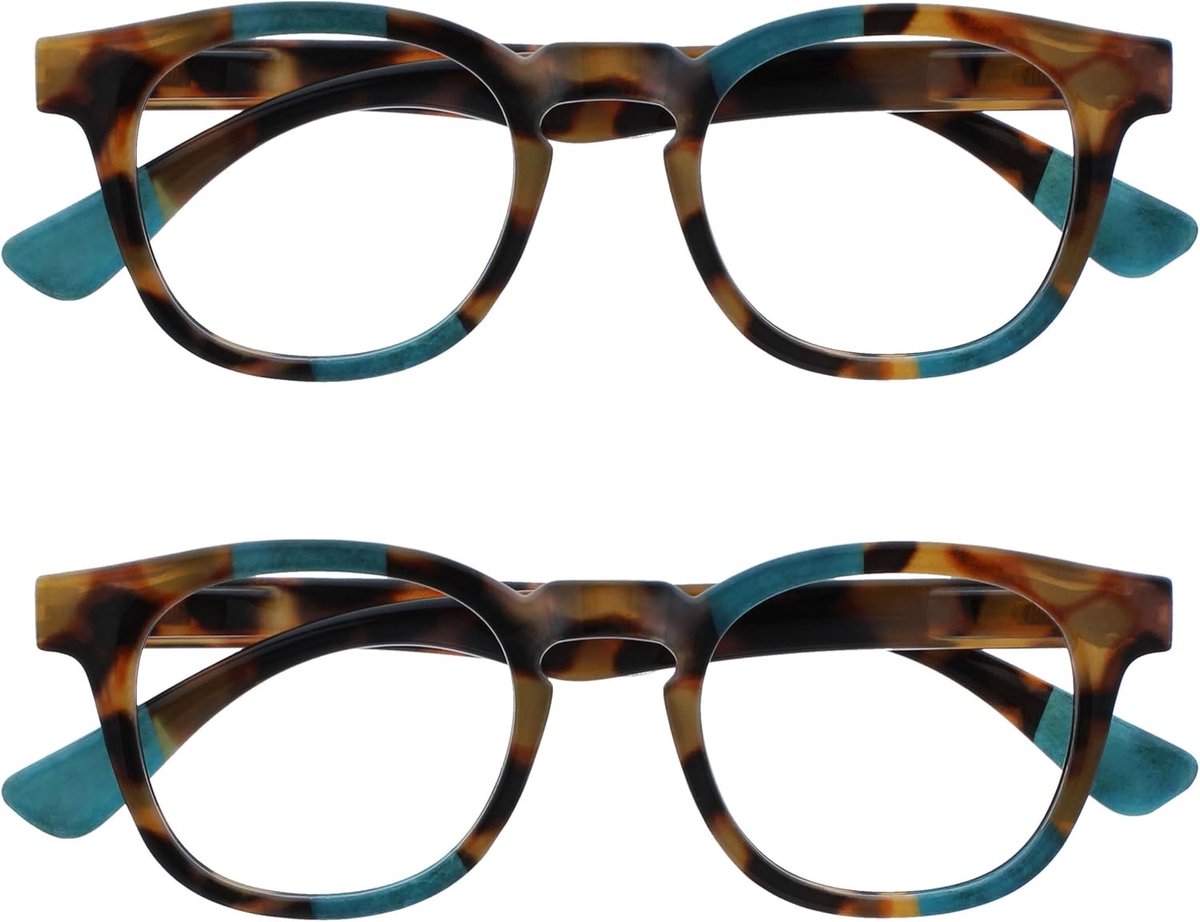 Ava 2 Stuks Vrouwen Dames Bruine Schildpad Turquoise Super Comfortabele Pasvorm Leesbril Scharnieren Met Veer RR62-Q +1,00