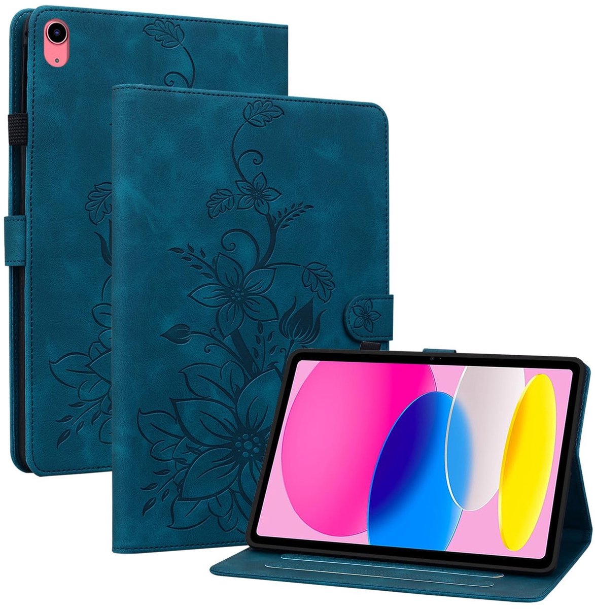 Omgoods - Multi-hoekige Faux Leren Case voor iPad 11 Inch (2025) en 10th Gen (2022) - Blauw met Lily Patroon