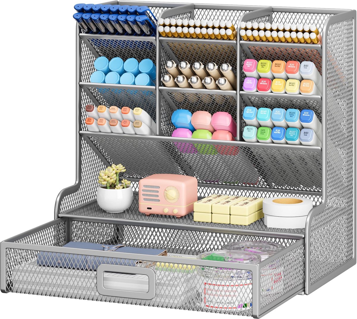 Omgoods - Desk Organizer met Laden - Multifunctionele Pennenhouder van Metaal Mesh