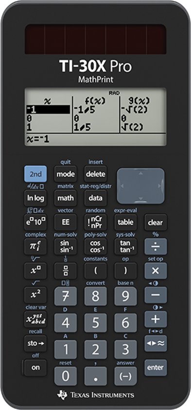 Zwarte TI-30X Pro MathPrint rekenmachine met solarpaneel en een scherm dat een tabel met functies weergeeft.