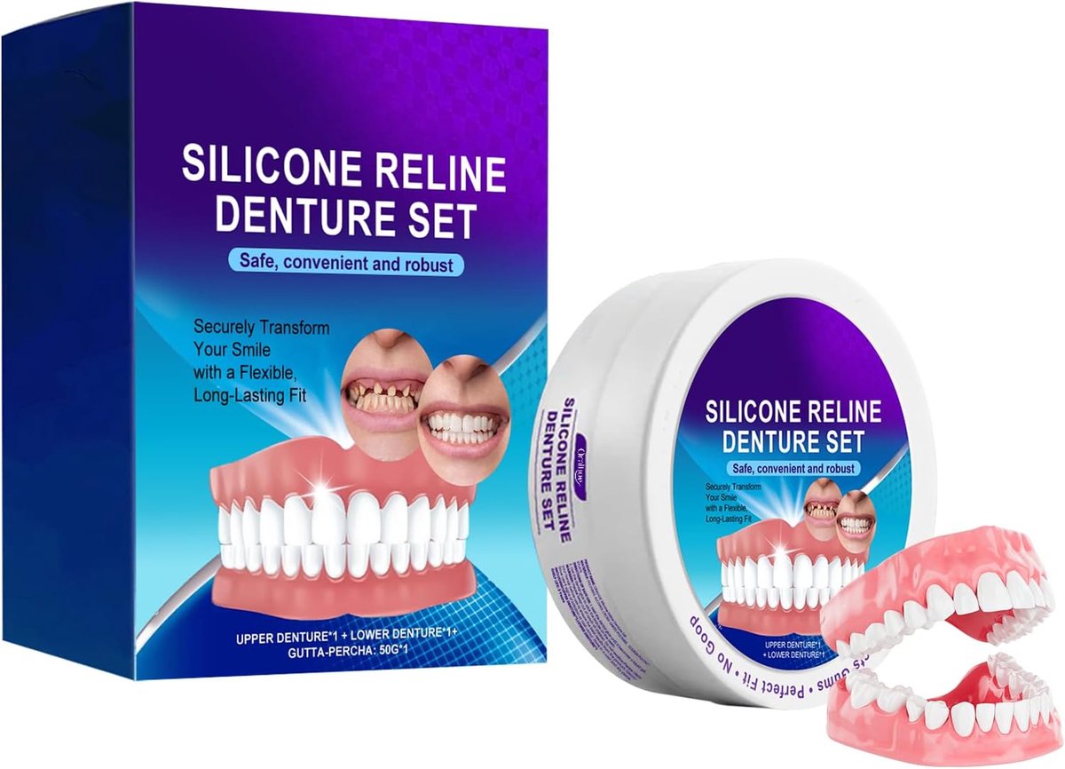 Gebit om op te steken, gebit siliconen Reline kit, siliconen Reline gebitset, tandprothesenset, siliconen tanden, zachte siliconen Reline gebitset, voor boven- en onderkaakprothesen