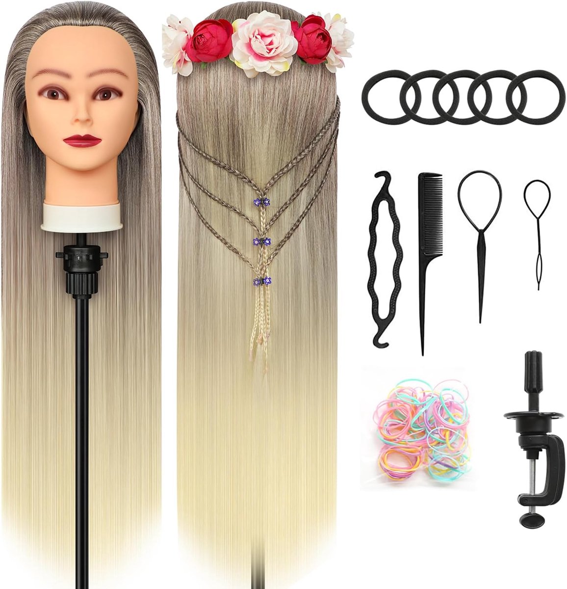 28 inch Kappershoofd 100% Synthetische Vezels Kappers Hoofd Kapper Training Hoofden met Gratis Klem en DIY Vlechten Set (Goud)