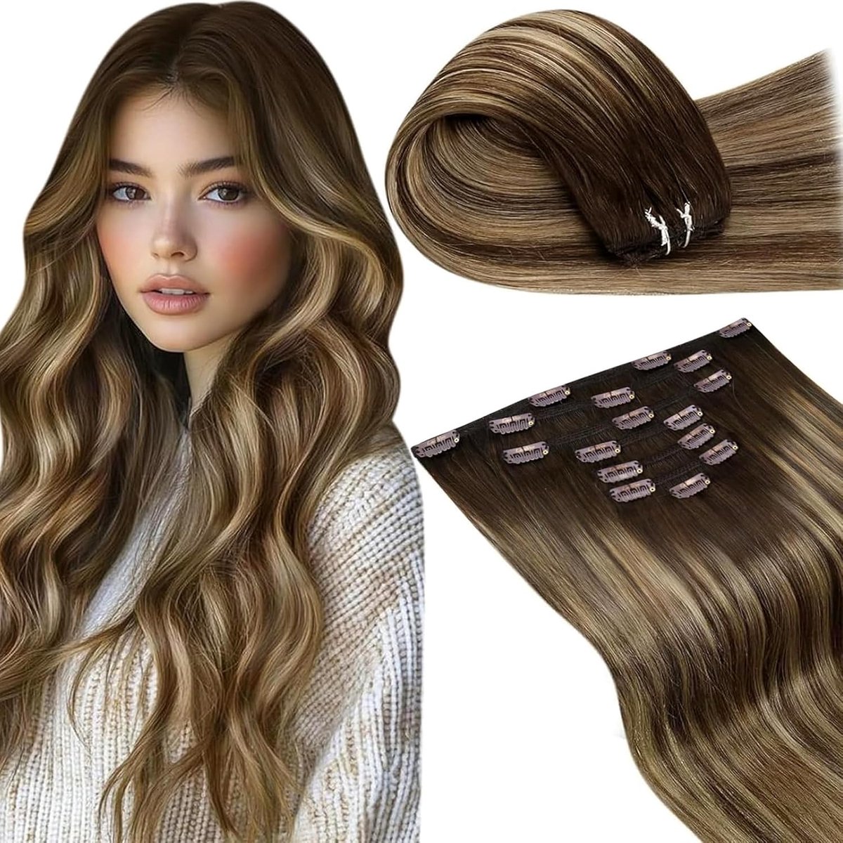Clip in Hair Extensions Human Hair 7 Stuks 150g 60 cm Balayage Donkerbruin Mix Caramel Blonde Hair Extensions #4/27/4