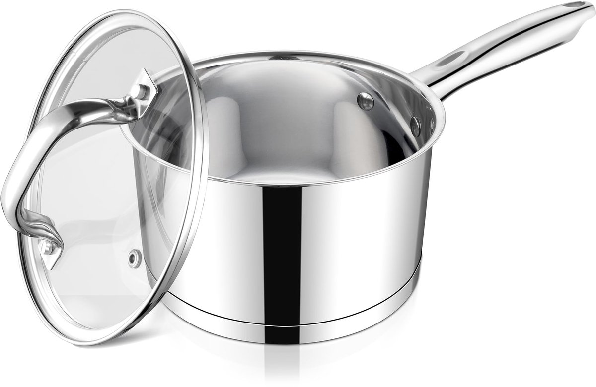 Omgoods - Steel Saucepan 16 cm met Glas Deksel - Geschikt voor Inductie