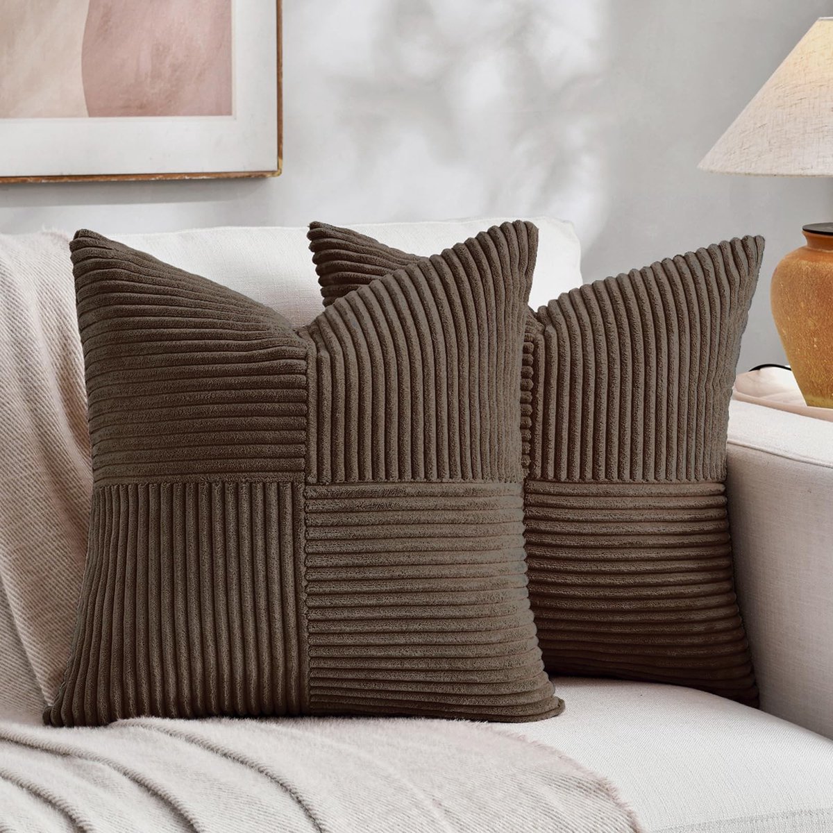 Omgoods - Set van 2 Boho Corduroy Kussenhoezen - 60x60 cm Donkerbruin voor Sofa en Bed