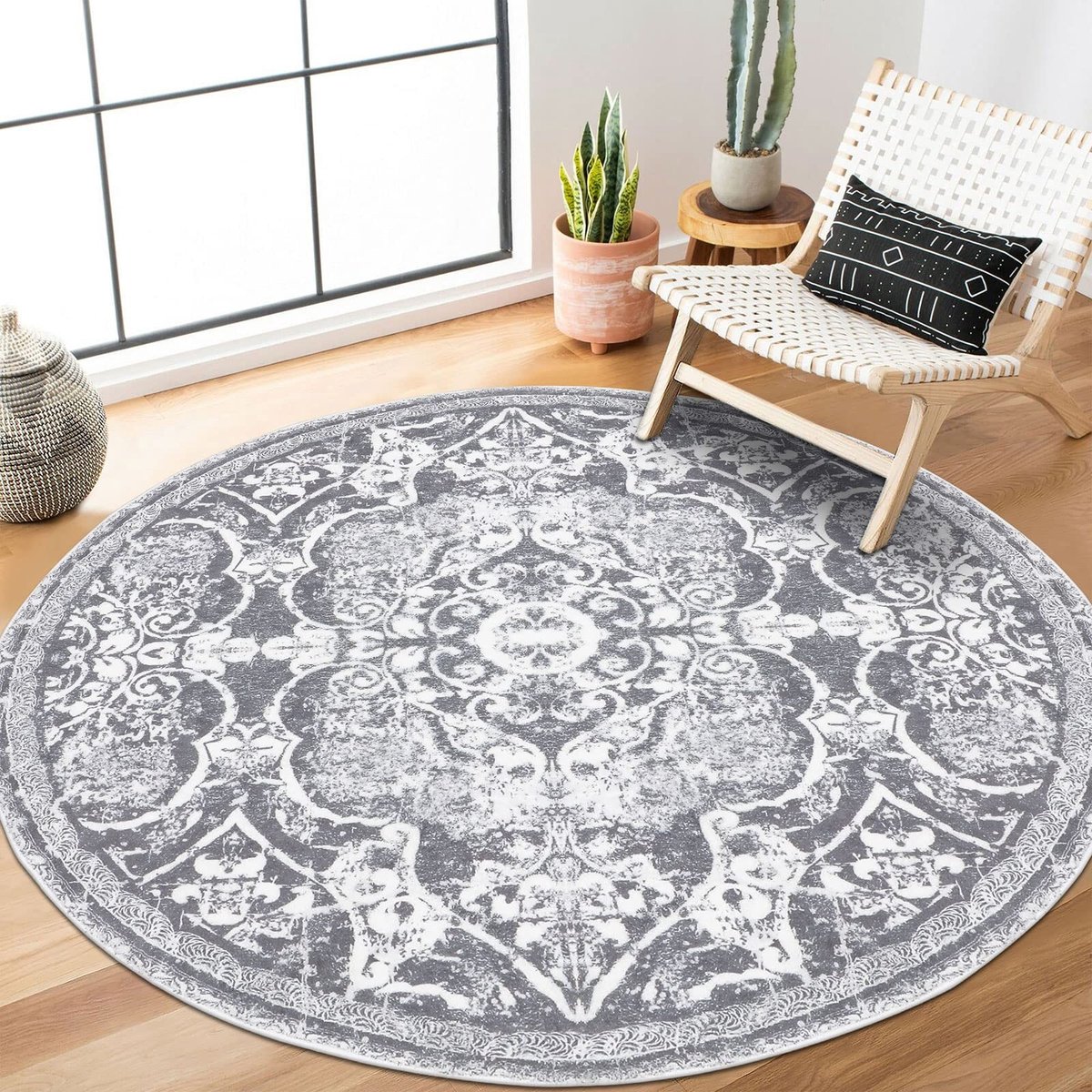Omgoods - Ronde Vintage Tapijt 120 cm - Bloemenpatroon, Wasbaar, Antislip