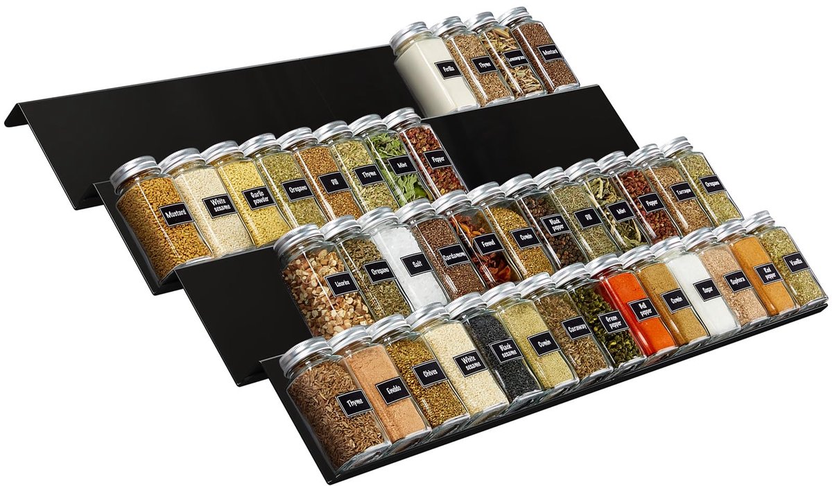 Kruidenrek voor Lade - 4 Laags Spice Organizer voor tot 56 Kruidenpotjes - Verstelbare Lade Inzet 33-66 cm - Combinabel Kruidenrek voor Keukenlade - Ruimtebesparende Keuken Organizer - Zwart