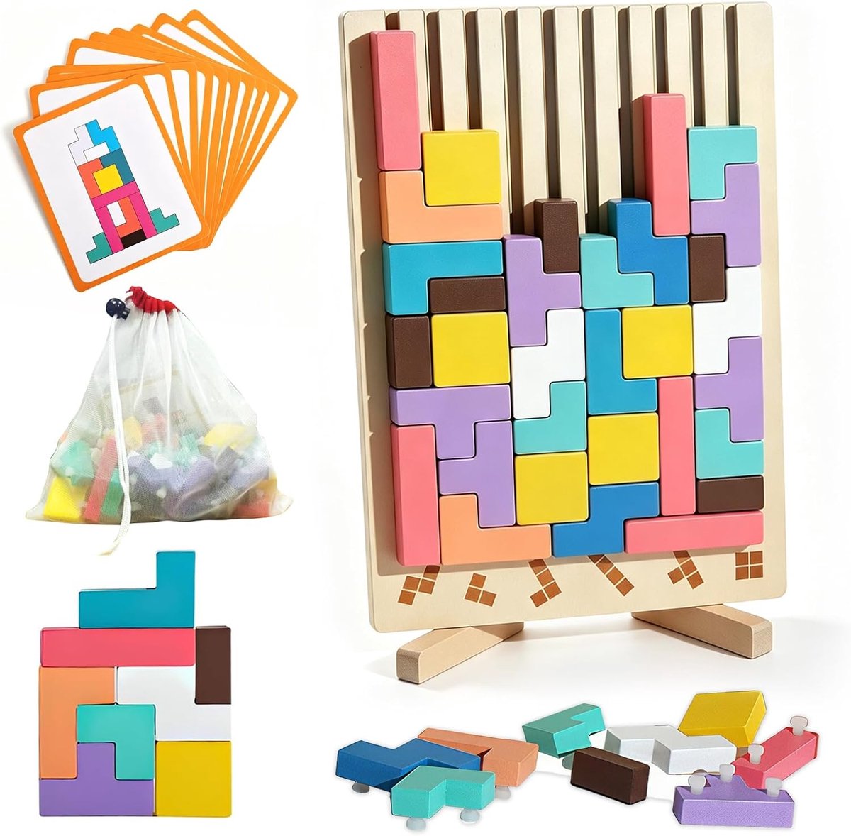 Tetrispuzzle van hout met speelkaarten, Montessori-spellen | Montessori leer- en stapelspel, voor 3-6 jaar, traint ruimtelijk denken, ideaal als creatief cadeau