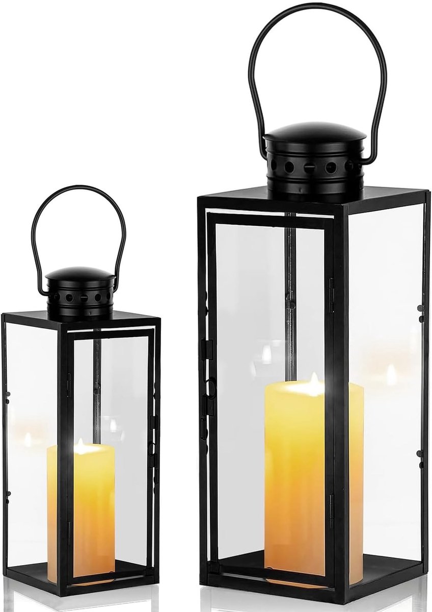 Omgoods - Set van 2 Buitenlanterns - Zwarte Metalen Lanterns met Glas