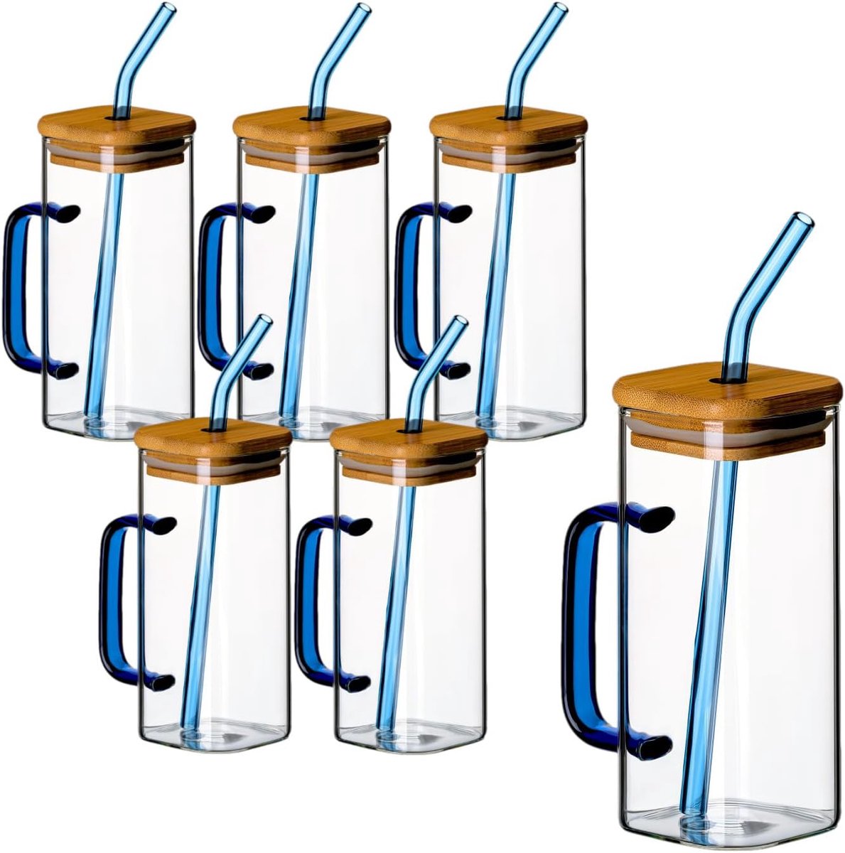 gouveo Set van 6 drinkglazen 350 ml met handvat, blauw, deksel en rietje, cocktailglazen van borosilicaatglas, longdrinkglazen met handvat, glazen beker voor koude en warme dranken (TGE350HB)