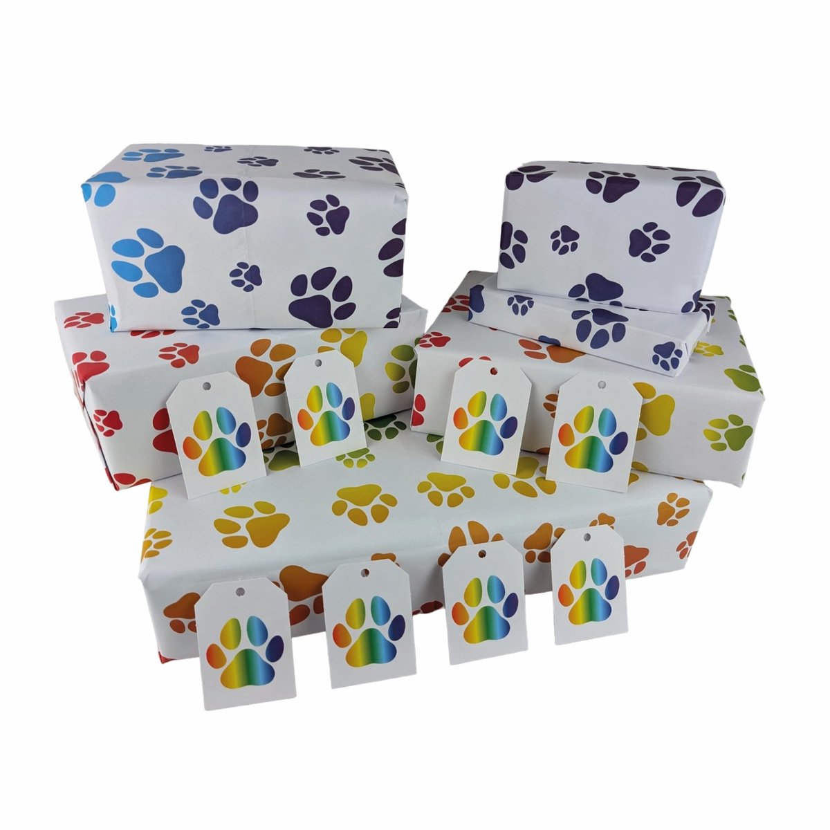 Omgoods - Rainbow Paw Print Inpakpapier x 5 met 8 Cadeautags - 100% Recyclebaar