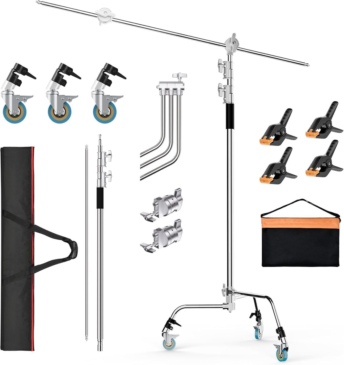 C-Standaard 330 cm met Rolbare Omkeerrol, Roestvrijstalen Statief | Verstelbare, 126 cm Lange Draagarm, Heavy-duty Galgstatief voor Fotoreflectoren, Softbox, Monolight, Camera