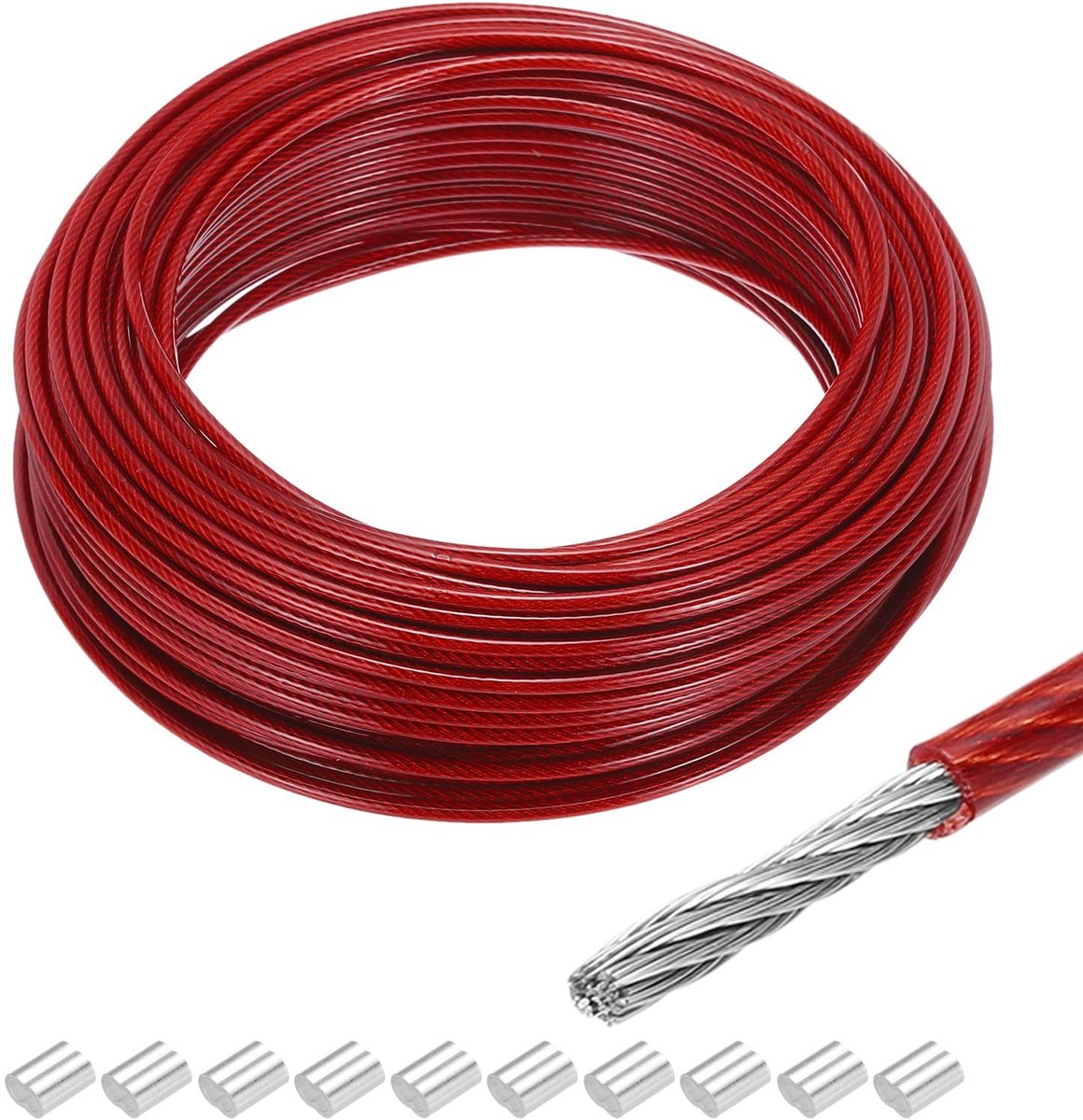 Omgoods - 30 Meter RVS Kabel met Vinyl Coating en 10 Aluminium Moffen