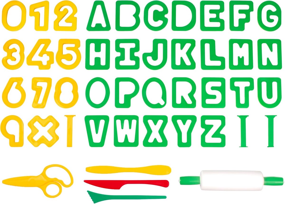 - Modelleeraccessoires, ABC-snijgereedschap + cijfers, vanaf 3 jaar, 1 rol en 1 schaar, vormset voor kneden, meerkleurig (P7AN)