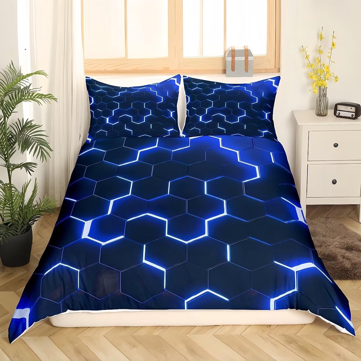 Omgoods - Hexagon Geometrisch Dekbedovertrek Set - 3-delig voor Kinderen, Zwart Blauw 200x200cm