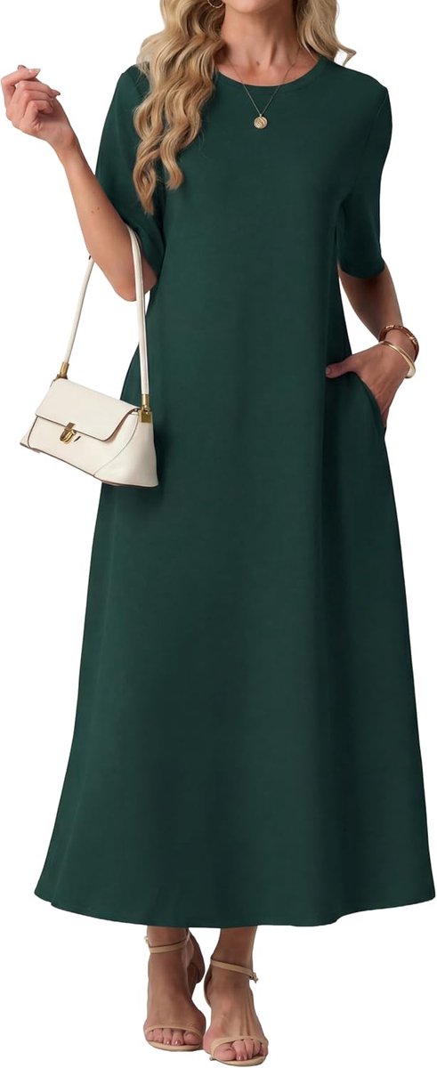 Zomerjurk voor dames, ronde hals, maxi-jurk met zakken, korte mouwen, casual, A-lijn, vrijetijdsjurk, lange losse jurk