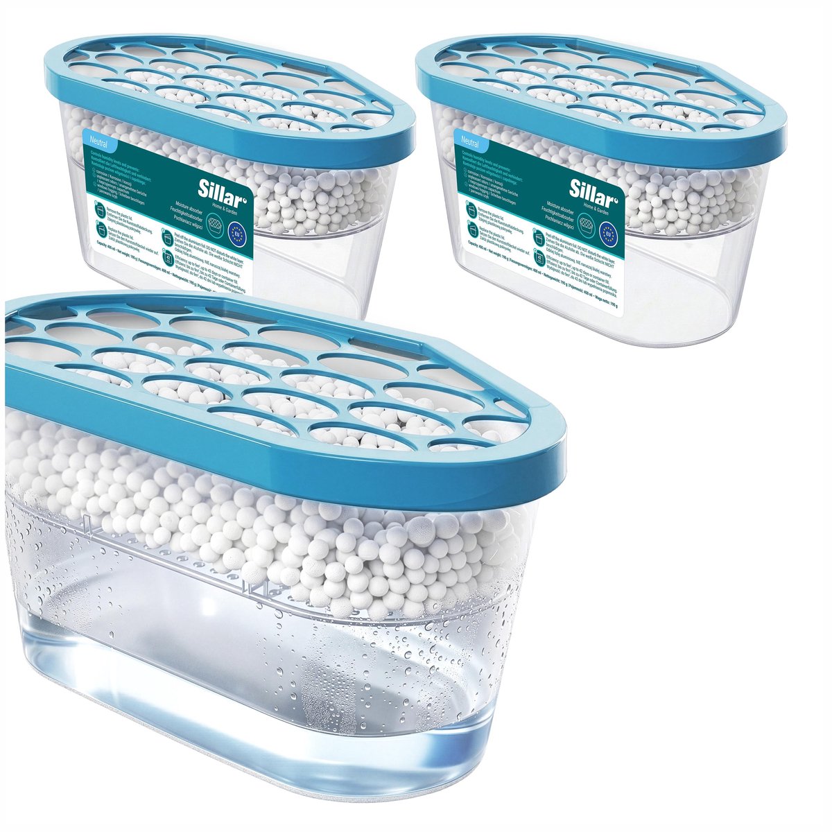 Sillar Set 3 Vochtabsorbers 400ml - luchtontvochtiger - vochtopnemer voor kasten, kleerkasten, keuken, badkamer - geurloos