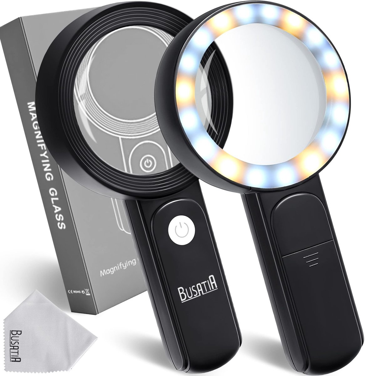 Omgoods - Vergrootglas 30x met 18 LEDs - Grote Pocket Vergrootglas met Licht voor Lezen en Vrije Tijd (Zwart)