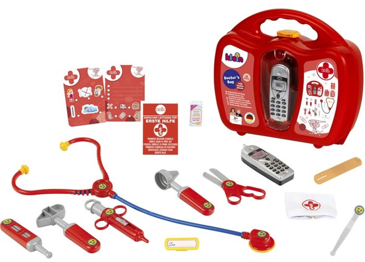Klein Toys dokterskoffer met mobiele telefoon - stethoscoop, thermometer, reflexhamer, injectiespuit, pincet, oorspiegel, schaar, verpleegsterskapje, naamplaatje, pleisters - multicolor — afbeelding 14