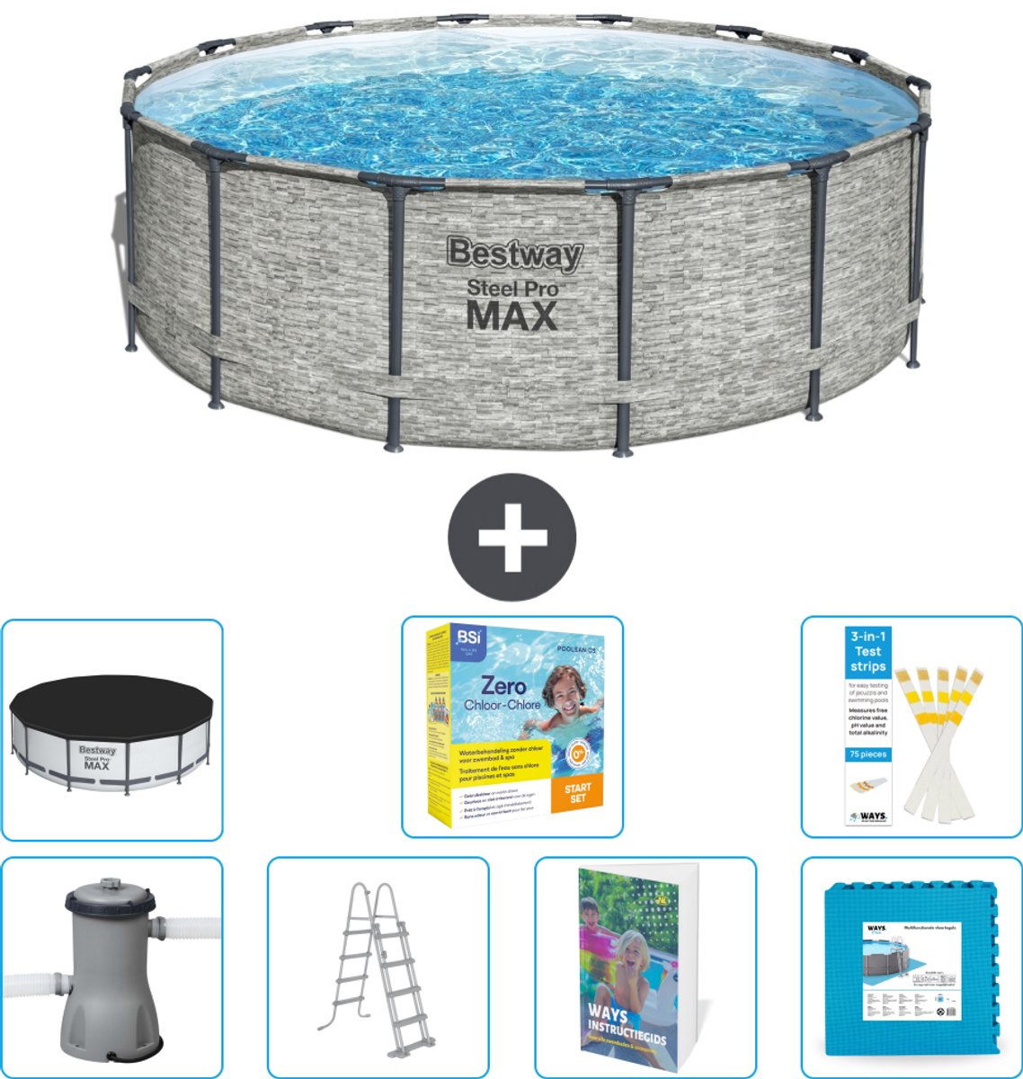 Bestway Rond Steel Pro MAX Zwembad - Steenprint - 427 x 122 cm - Inclusief Pomp - Ladder - Afdekzeil - Onderhoudspakket - Vloertegels - 8-delig