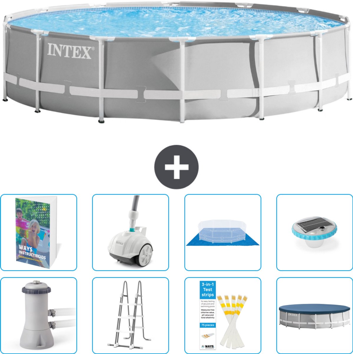 Intex Rond Prism Frame Zwembad - 427 x 107 cm - Grijs - Inclusief Pomp - Ladder - Grondzeil - Afdekzeil - Stofzuiger - Verlichting - 9-delig
