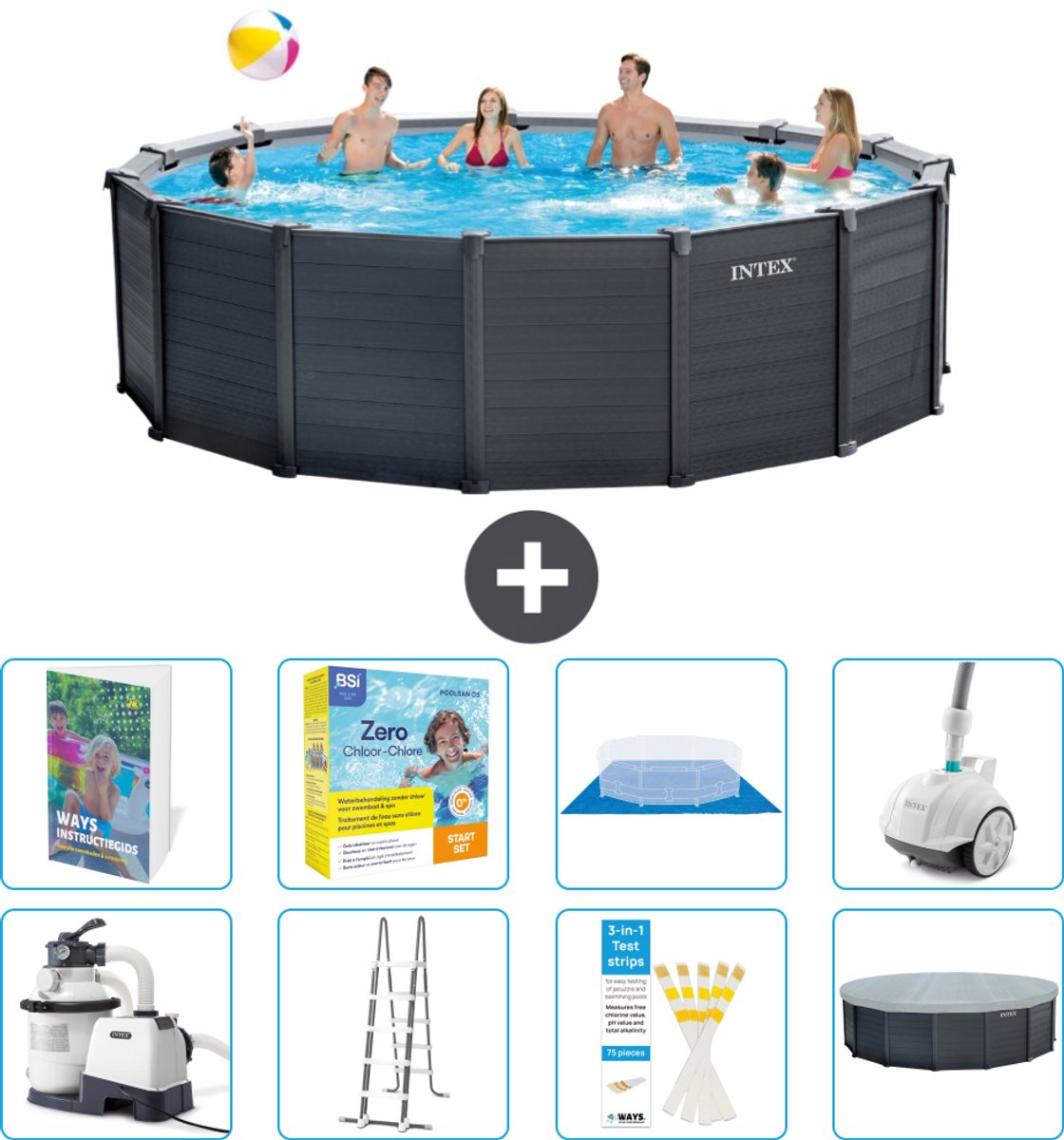 Intex Rond Graphite Gray Panel Zwembad - 478 x 124 cm - Inclusief Pomp - Ladder - Grondzeil - Afdekzeil - Onderhoudspakket - Stofzuiger - 9-delig