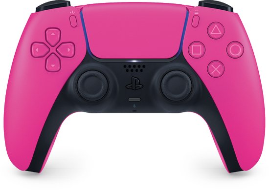 Roze DualSense controller met zwarte accenten.