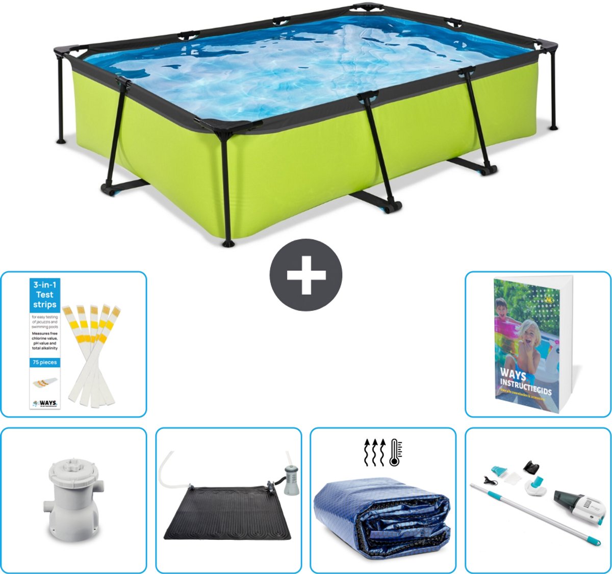 EXIT Rechthoekig Lime Frame Zwembad - 300 x 200 x 65 cm - Inclusief Pomp - Solar Mat - Solarzeil - Stofzuiger - 7-delig