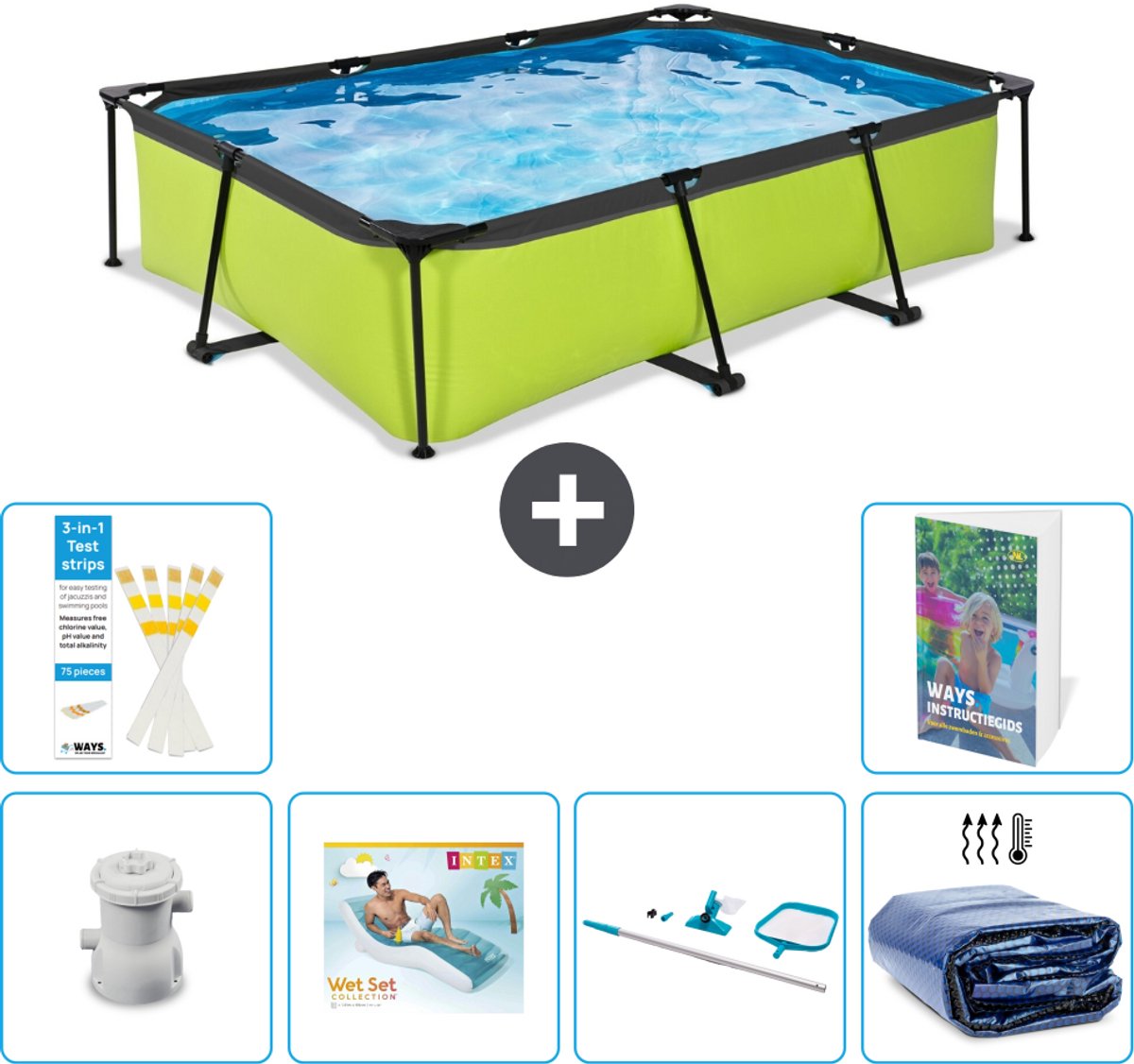 EXIT Rechthoekig Lime Frame Zwembad - 300 x 200 x 65 cm - Inclusief Pomp - Loungebed - Schoonmaakset - Solarzeil - 7-delig