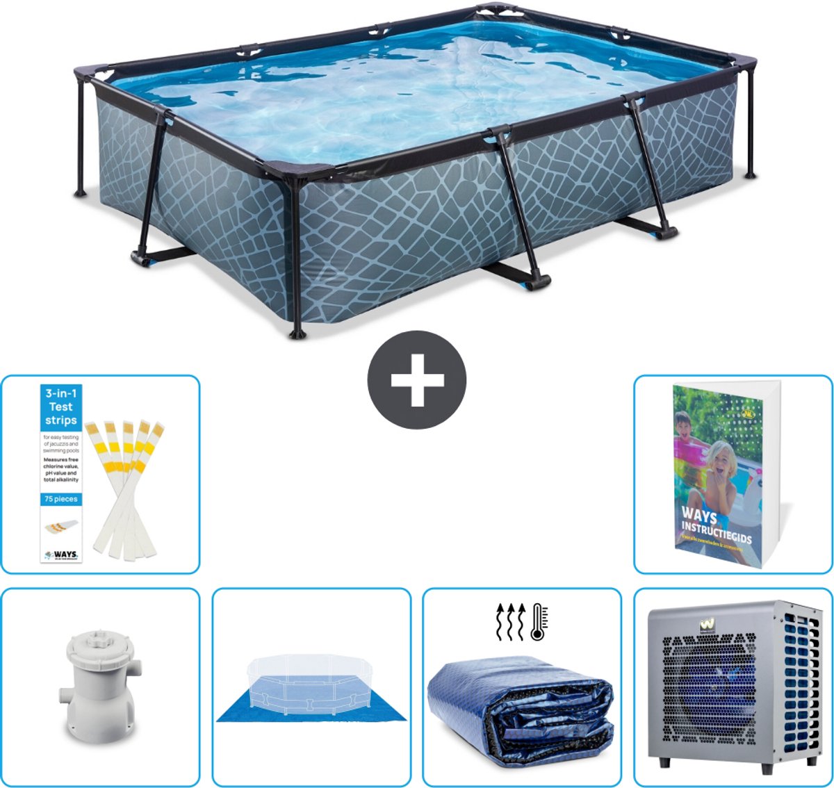 EXIT Rechthoekig Stone Frame Zwembad - 300 x 200 x 65 cm - Inclusief Pomp - Grondzeil - Solarzeil - Warmtepomp - 7-delig