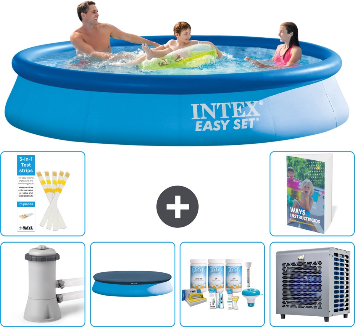Intex Rond Opblaasbaar Easy Set Zwembad - 366 x 76 cm - Blauw - Inclusief Pomp - Afdekzeil - Onderhoudspakket - Warmtepomp - 7-delig