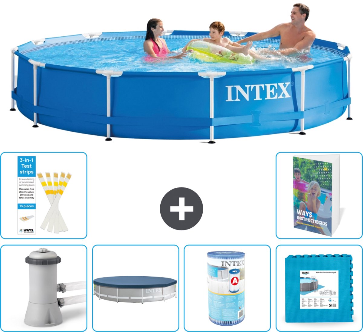 Intex Rond Frame Zwembad - 366 x 76 cm - Blauw - Inclusief Pomp - Afdekzeil - Filter - Vloertegels - 7-delig
