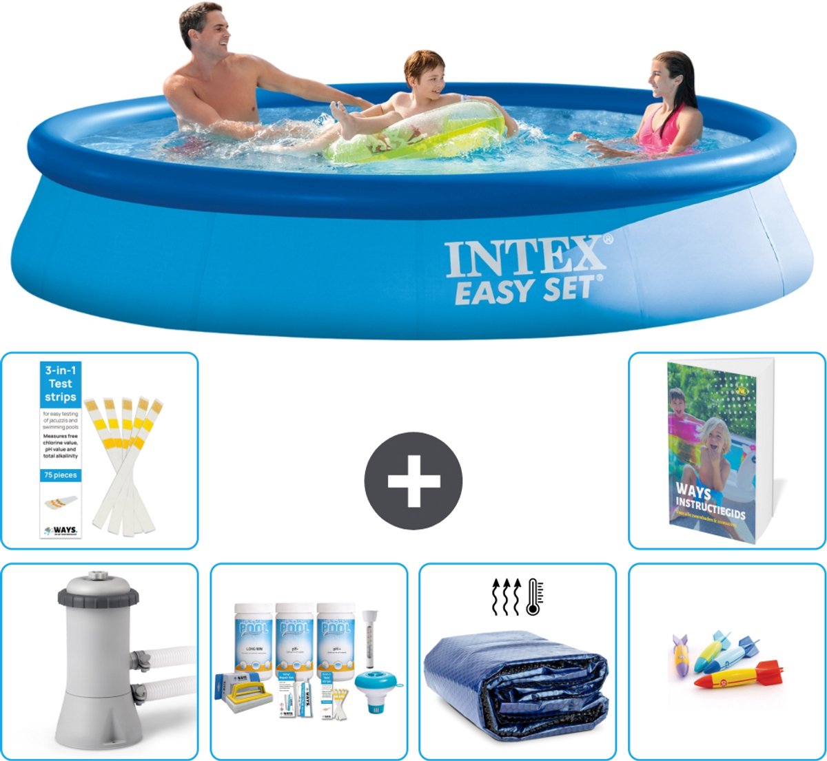 Intex Rond Opblaasbaar Easy Set Zwembad - 366 x 76 cm - Blauw - Inclusief Pomp - Onderhoudspakket - Solarzeil - Speelgoed - 7-delig