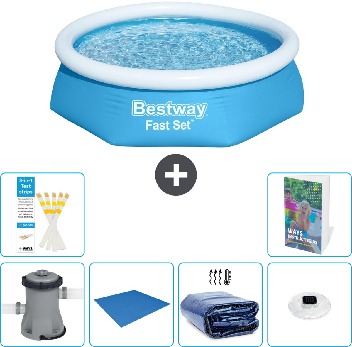 Bestway Rond Opblaasbaar Fast Set Zwembad - 244 x 61 cm - Blauw - Inclusief Pomp - Grondzeil - Solarzeil - Verlichting - 7-delig