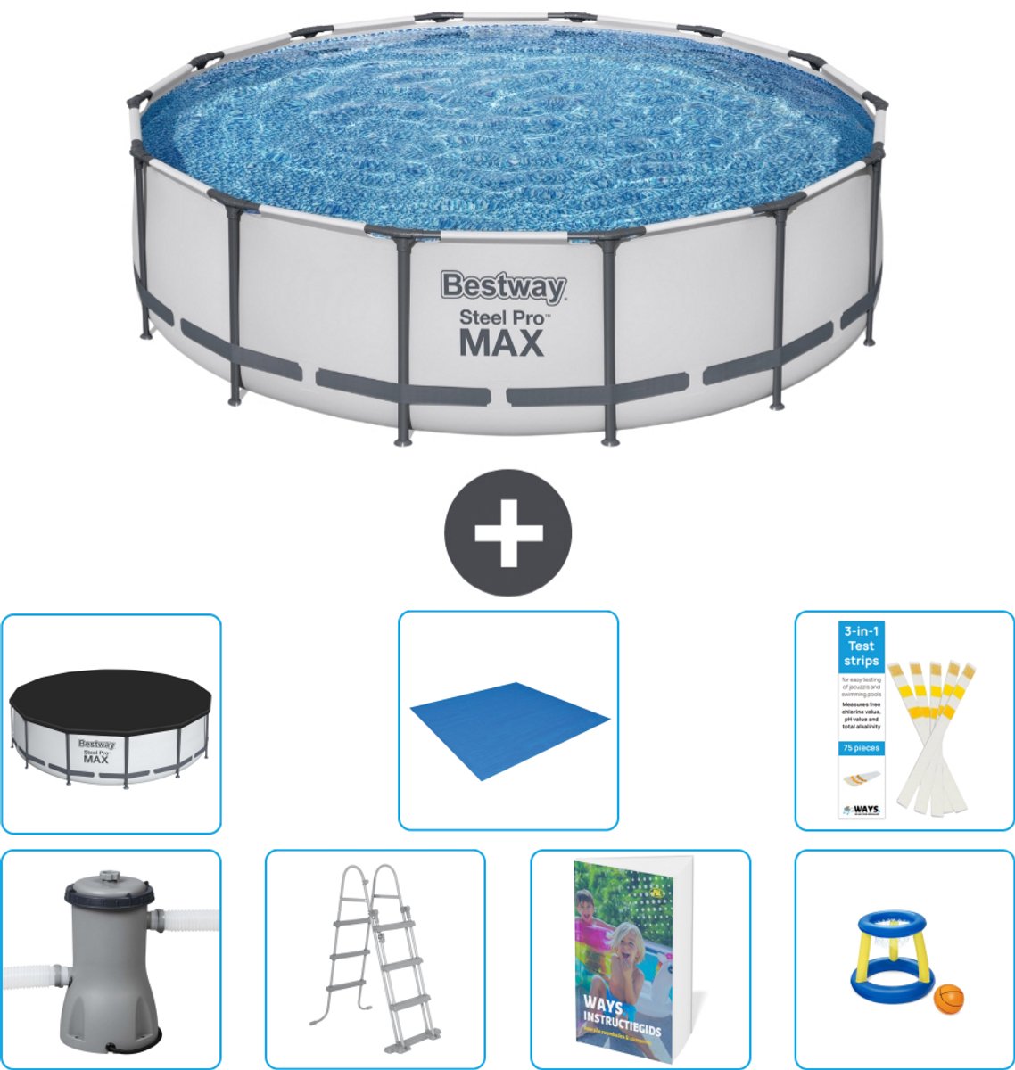 Bestway Rond Steel Pro MAX Zwembad - 427 x 107 cm - Grijs - Inclusief Pomp - Ladder - Afdekzeil - Grondzeil - Speelgoed - 8-delig