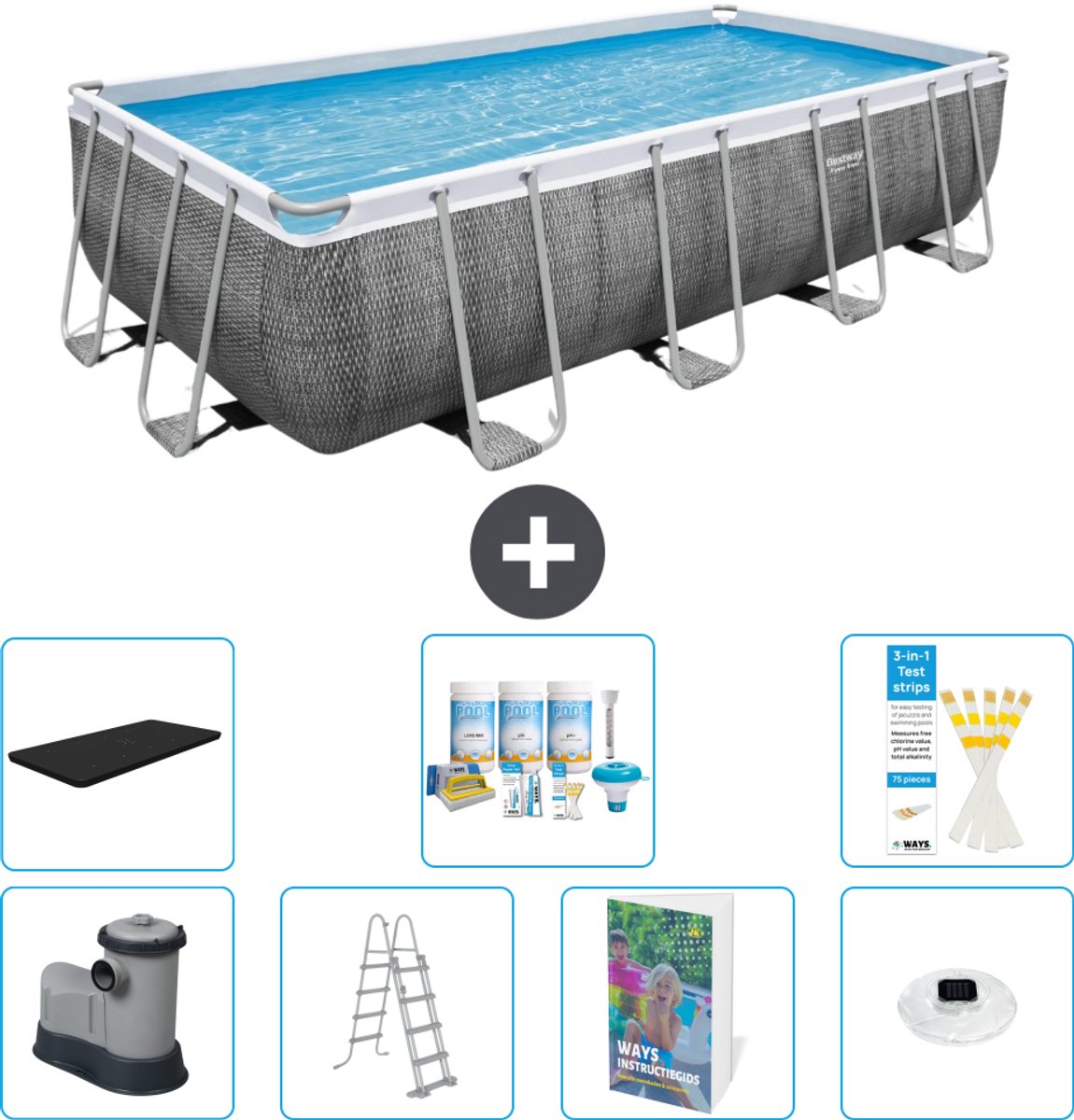 Bestway Rechthoekig Power Steel Zwembad - Rattanprint - 549 x 274 x 122 - Inclusief Pomp - Ladder - Afdekzeil - Onderhoudspakket - Verlichting - 8-delig