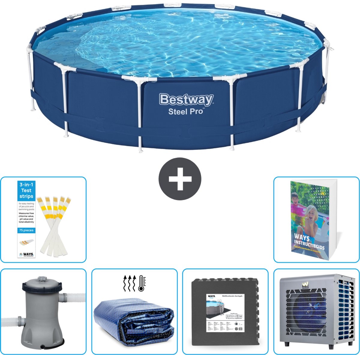 Bestway Rond Steel Pro Zwembad - 396 x 84 cm - Blauw - Inclusief Pomp - Solarzeil - Vloertegels - Warmtepomp - 7-delig