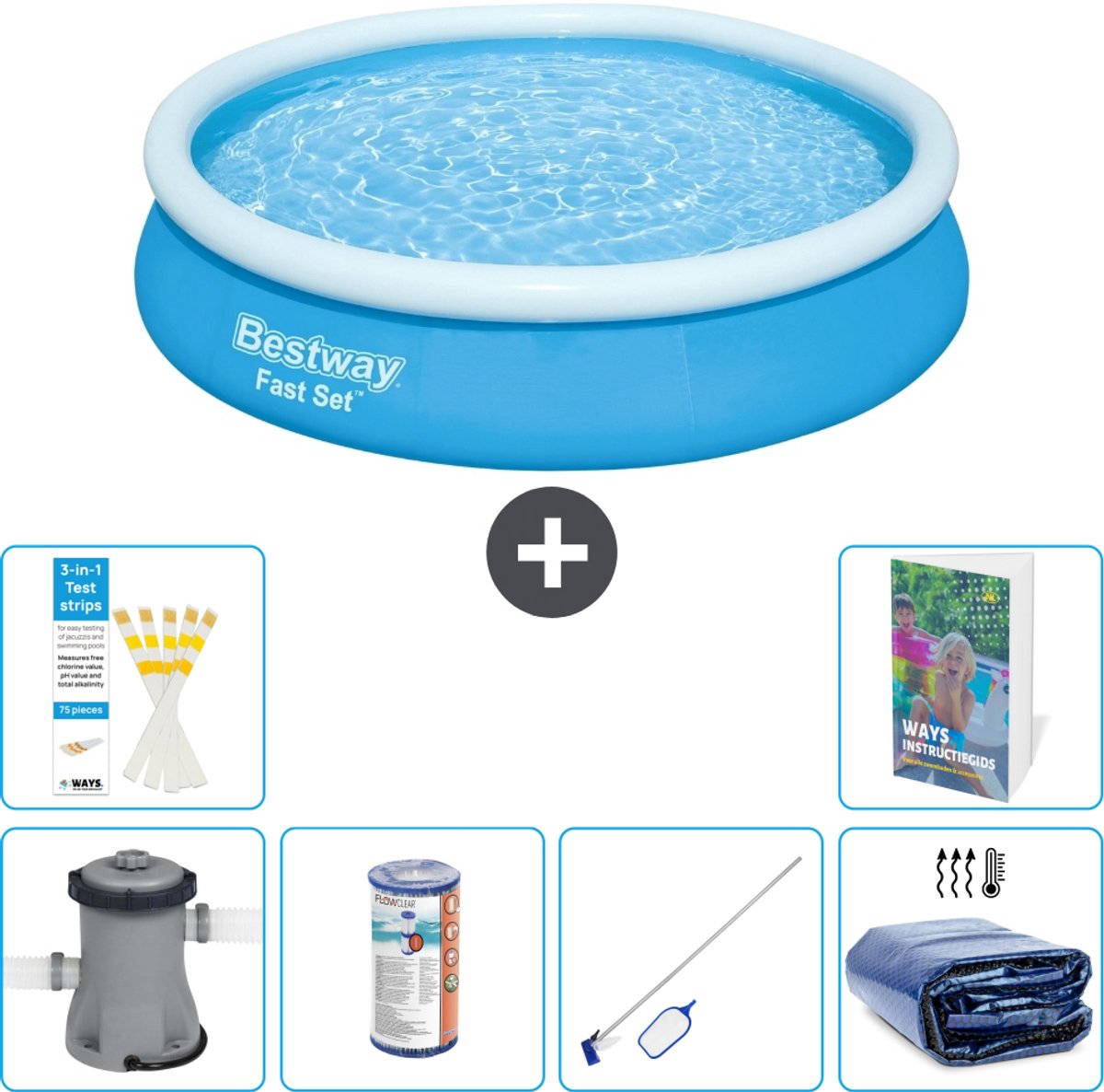 Bestway Rond Opblaasbaar Fast Set Zwembad - 366 x 76 cm - Blauw - Inclusief Pomp - Filter - Schoonmaakset - Solarzeil - 7-delig