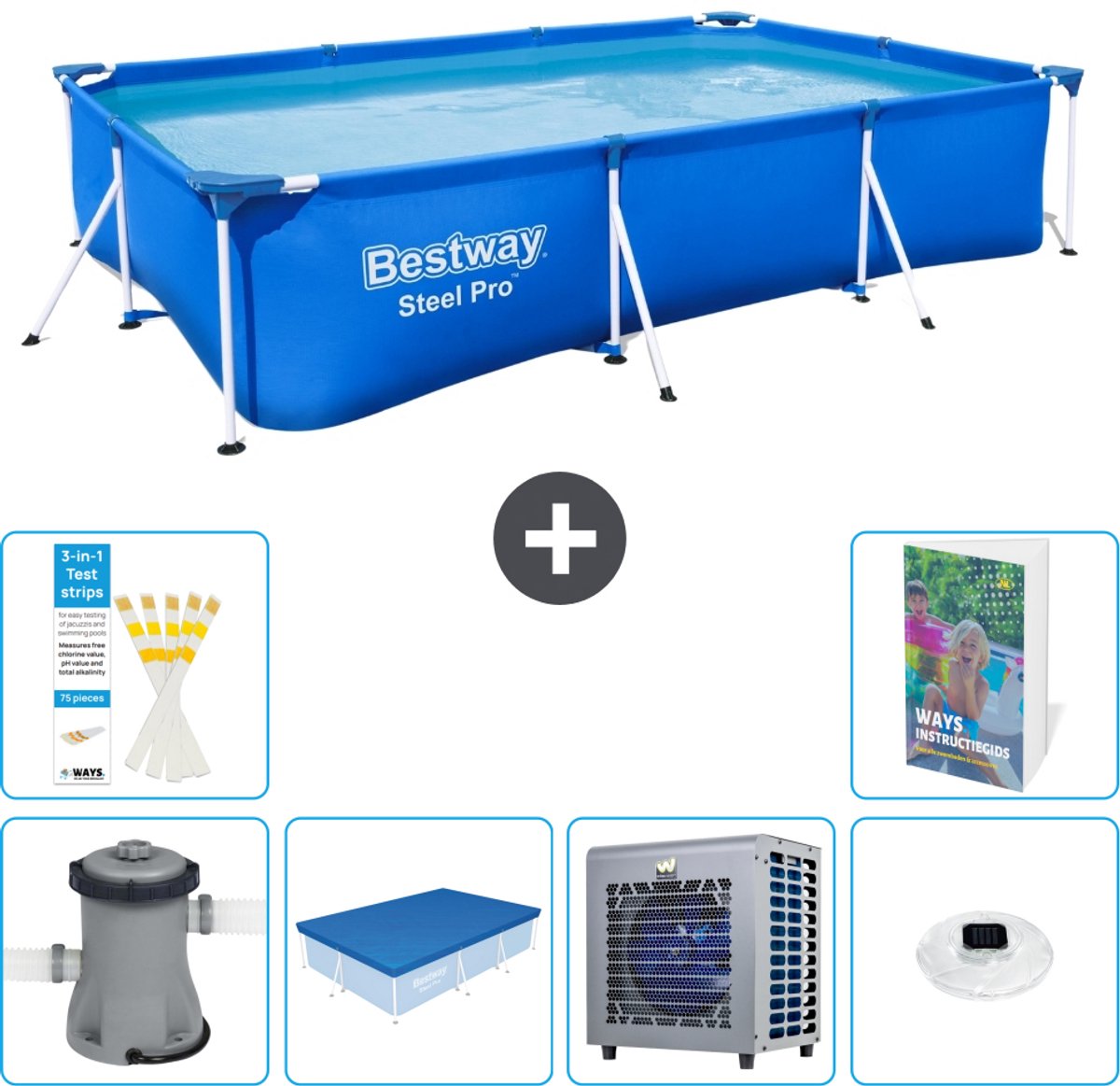 Bestway Rechthoekig Steel Pro Zwembad - 300 x 201 x 66 cm - Blauw - Inclusief Pomp - Afdekzeil - Warmtepomp - Verlichting - 7-delig