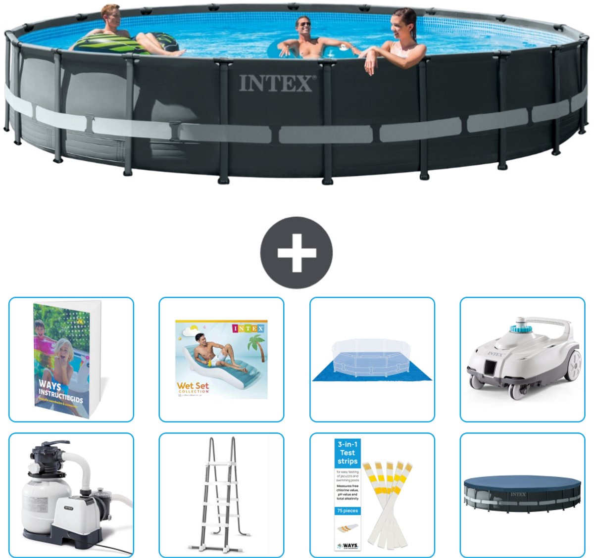 Intex Rond Ultra XTR Frame Zwembad - 610 x 122 cm - Inclusief Pomp - Ladder - Grondzeil - Afdekzeil - Loungebed - Stofzuiger - 9-delig