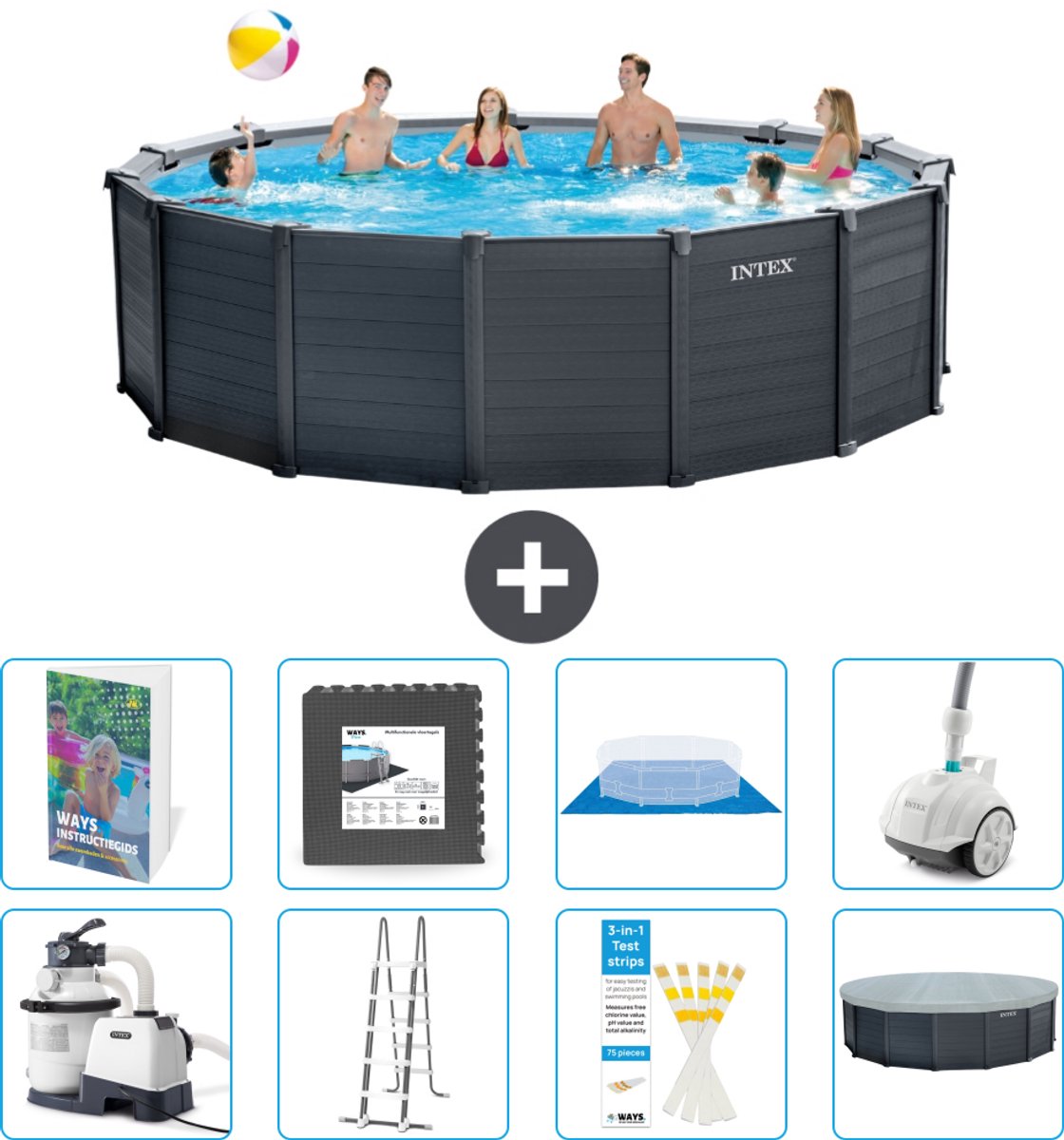 Intex Rond Graphite Gray Panel Zwembad - 478 x 124 cm - Inclusief Pomp - Ladder - Grondzeil - Afdekzeil - Vloertegels - Stofzuiger - 9-delig