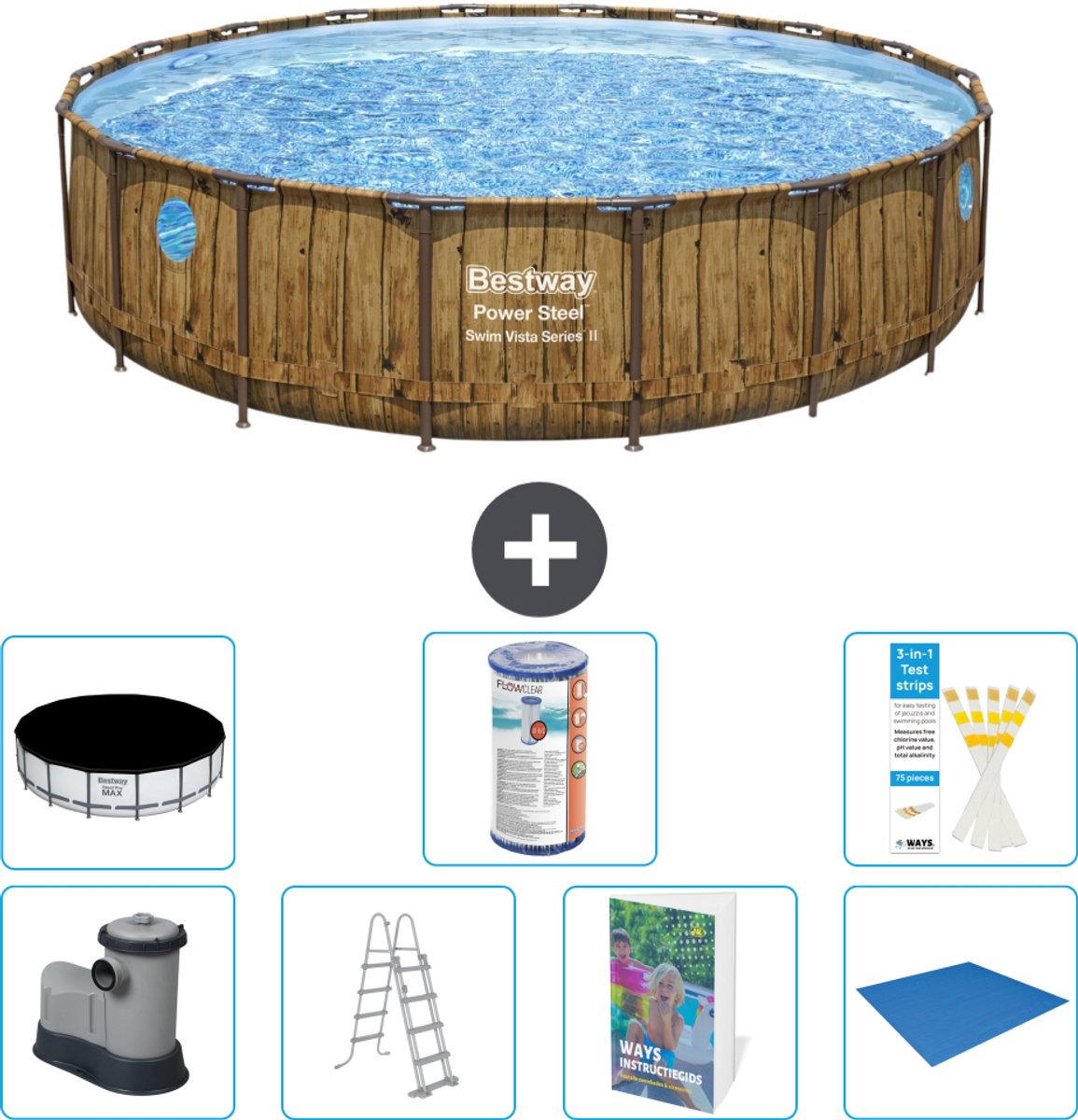 Bestway Rond Power Steel Swim Vista Zwembad - Houtprint - 549 x 122 - Inclusief Pomp - Ladder - Afdekzeil - Filter - Grondzeil - 8-delig
