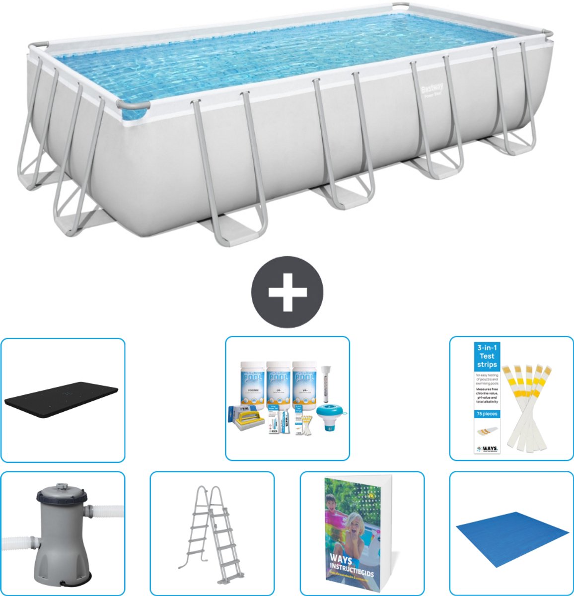 Bestway Rechthoekig Power Steel Zwembad - 488 x 244 x 122 - Grijs Inclusief Pomp - Ladder - Afdekzeil - Onderhoudspakket - Grondzeil - 8-delig