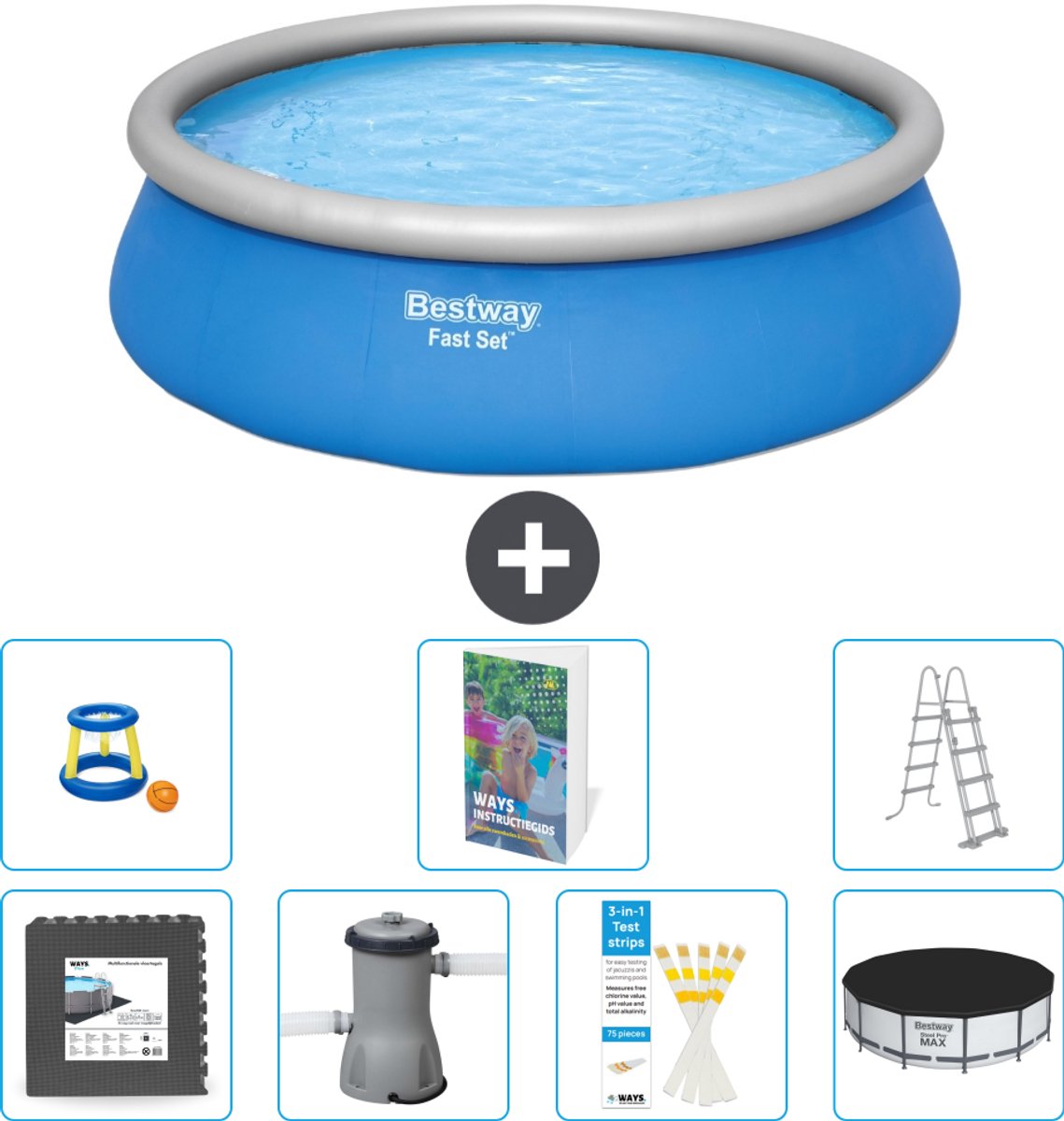 Bestway Rond Opblaasbaar Fast Set Zwembad - 457 x 122 cm - Blauw - Inclusief Pomp - Ladder - Afdekzeil - Speelgoed - Vloertegels - 8-delig