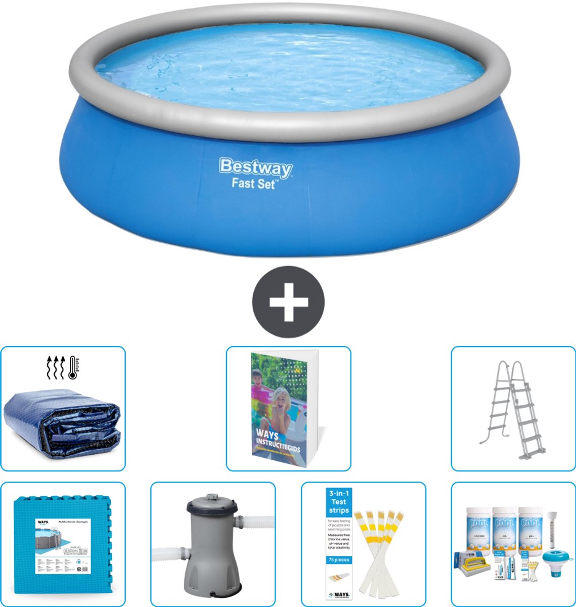 Bestway Rond Opblaasbaar Fast Set Zwembad - 457 x 122 cm - Blauw - Inclusief Pomp - Ladder - Onderhoudspakket - Solarzeil - Vloertegels - 8-delig