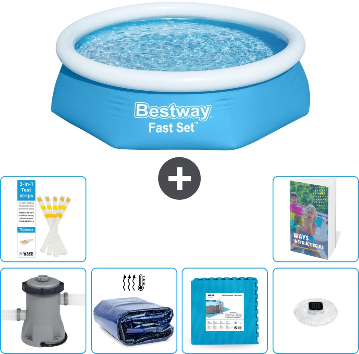 Bestway Rond Opblaasbaar Fast Set Zwembad - 244 x 61 cm - Blauw - Inclusief Pomp - Solarzeil - Vloertegels - Verlichting - 7-delig