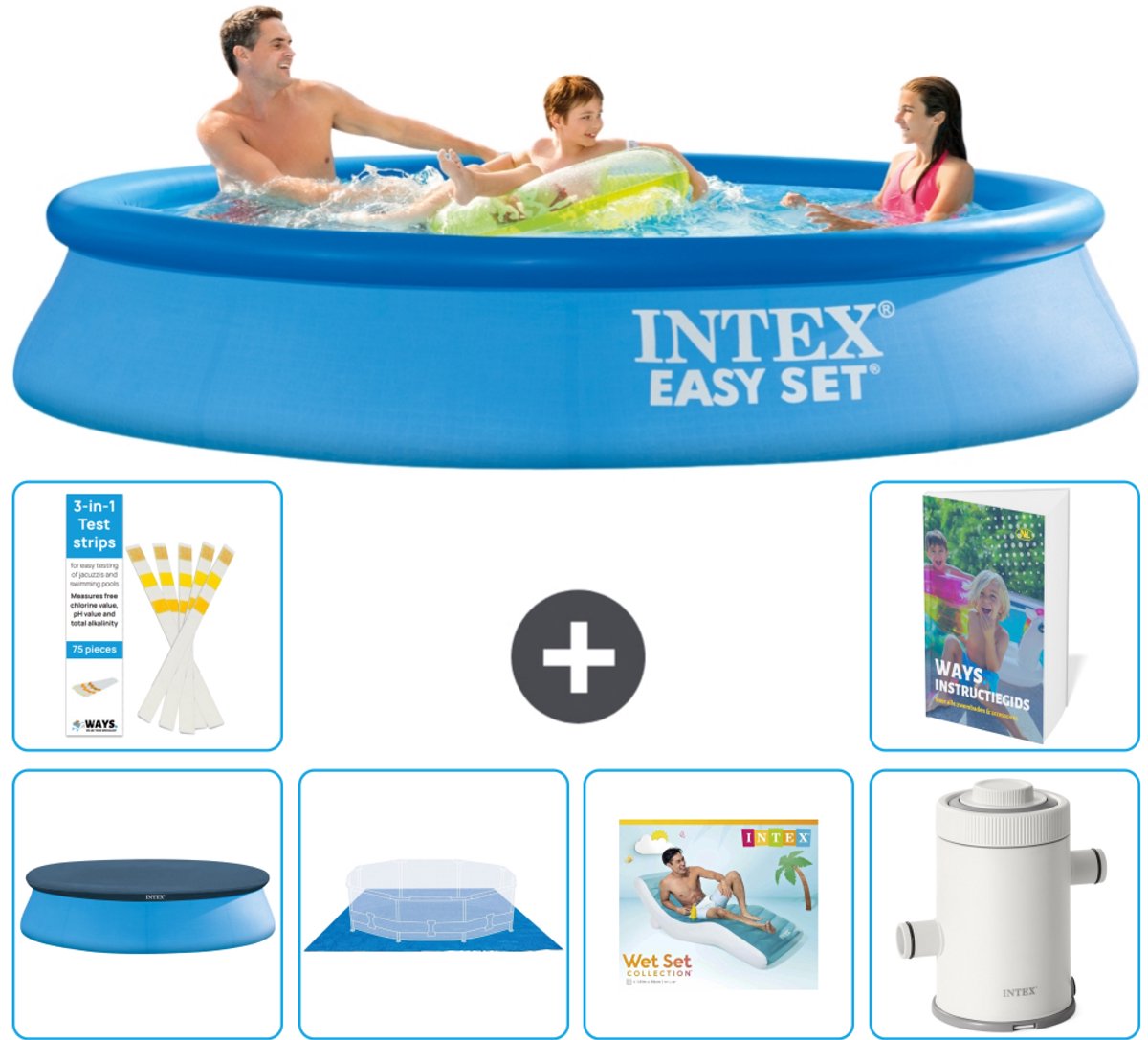 Intex Rond Opblaasbaar Easy Set Zwembad - 305 x 61 cm - Blauw - Inclusief Afdekzeil - Grondzeil - Loungebed - Zwembadfilterpomp - 7-delig