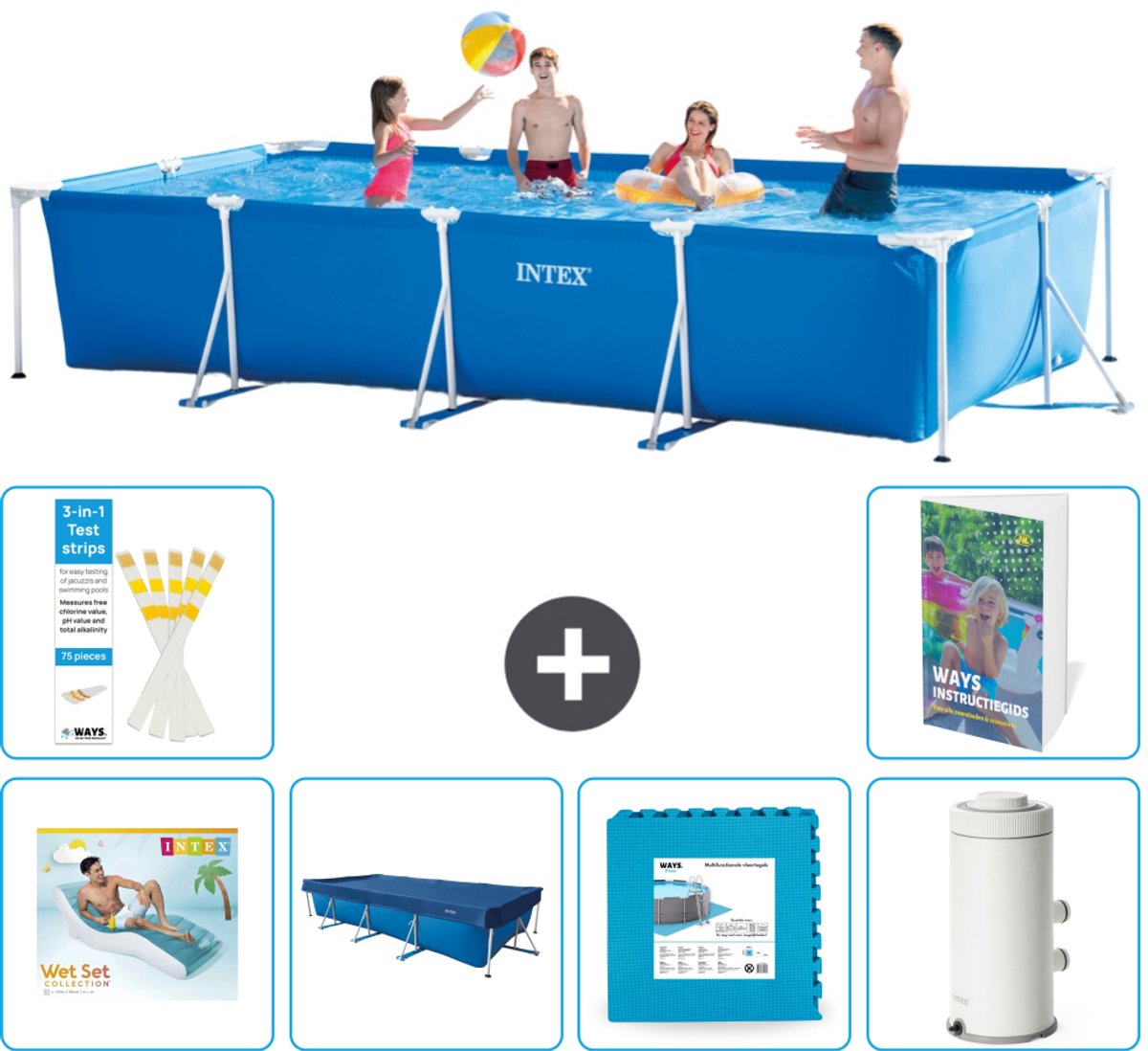 Intex Rechthoekig Frame Zwembad - 450 x 220 x 84 cm - Blauw - Inclusief Loungebed - Afdekzeil - Vloertegels - Zwembadfilterpomp - 7-delig
