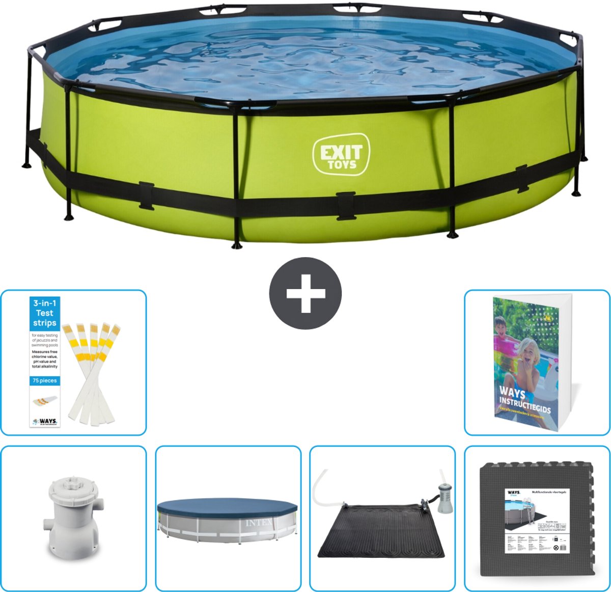 EXIT Rond Lime Frame Zwembad - 360 x 76 cm - Inclusief Pomp - Afdekzeil - Solar Mat - Vloertegels - 7-delig